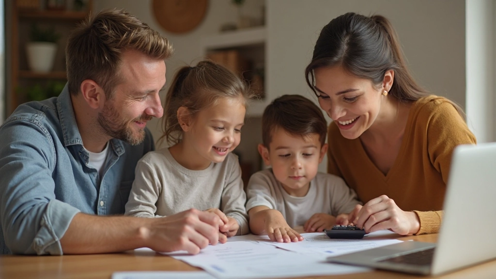 Família discutindo planejamento financeiro à mesa, pais e filhos revisando orçamento familiar com papéis e calculadora