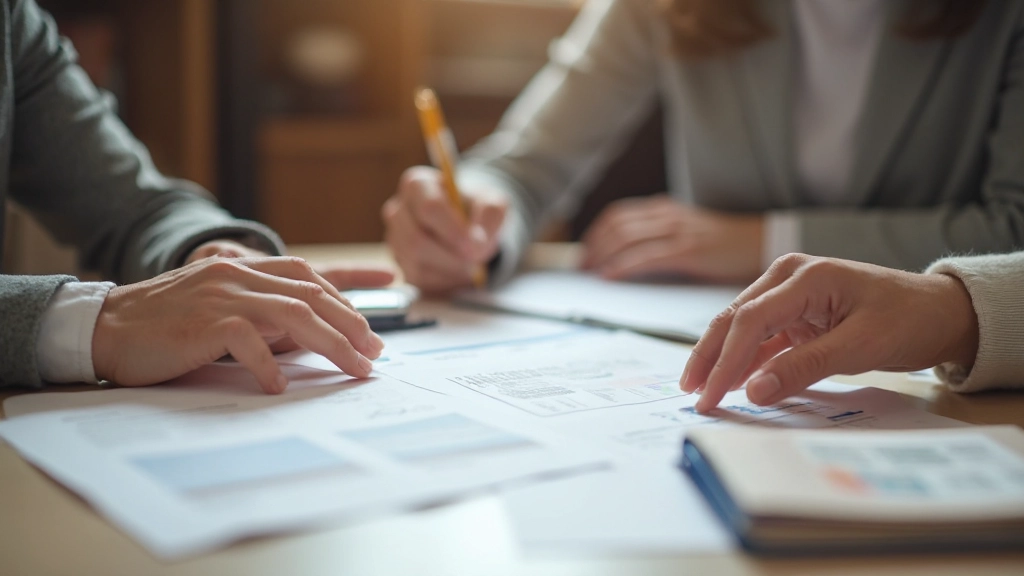 Pessoas planejando orçamento familiar em mesa com documentos