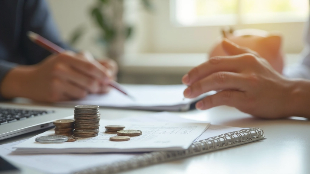 Rastreador de poupança com moedas e mealheiro em mesa com anotações financeiras