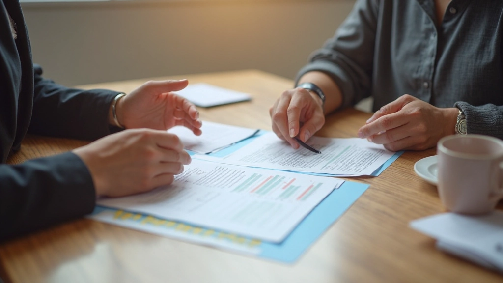 Consultor financeiro revisando planilha orçamentária com cliente em mesa de madeira