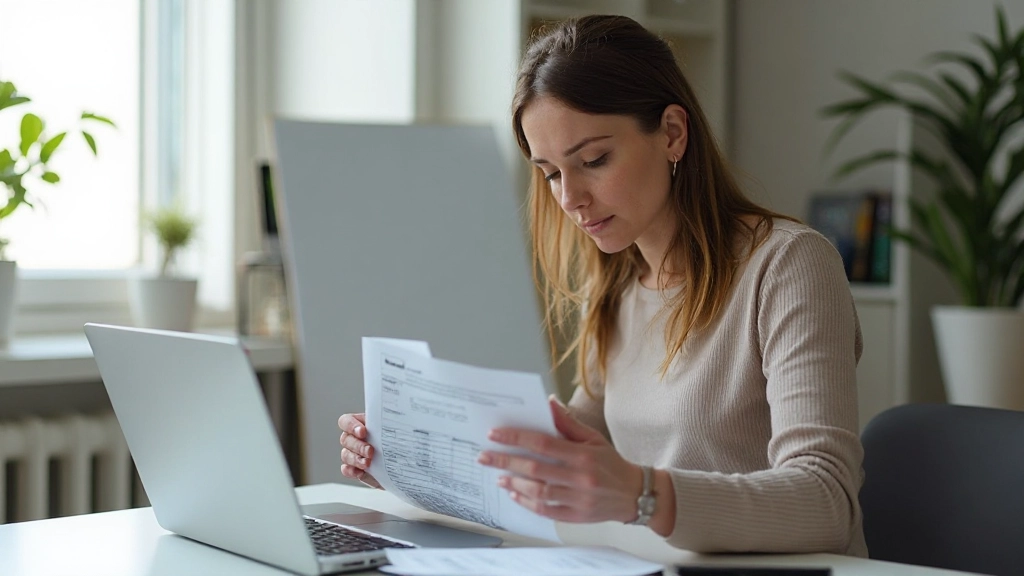 Mulher estudando finanças pessoais com laptop e documentos financeiros