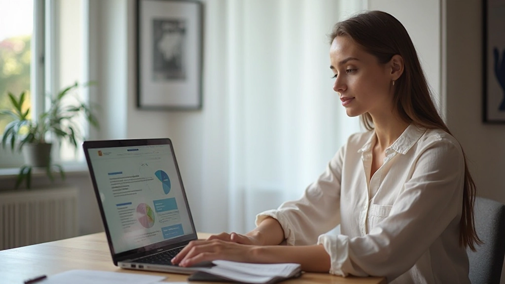 Mulher jovem estudando educação financeira em laptop com gráficos